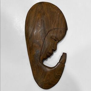 Handcrafted Wood Face with Praying Hands Sculpture 12.5"